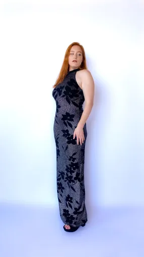 1990s Black and Silver Floral Maxi Dress, sz. M-XL
