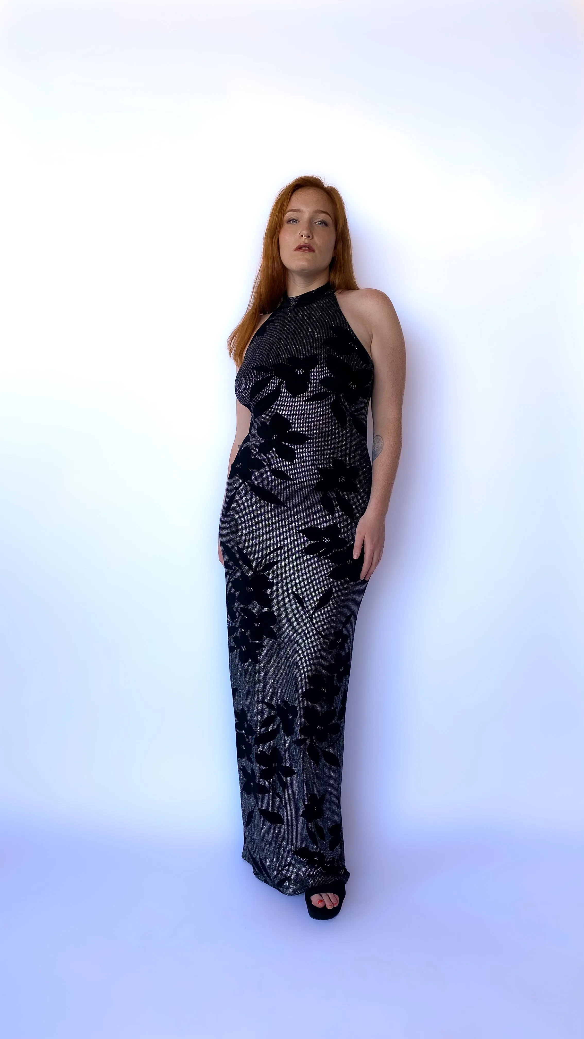 1990s Black and Silver Floral Maxi Dress, sz. M-XL