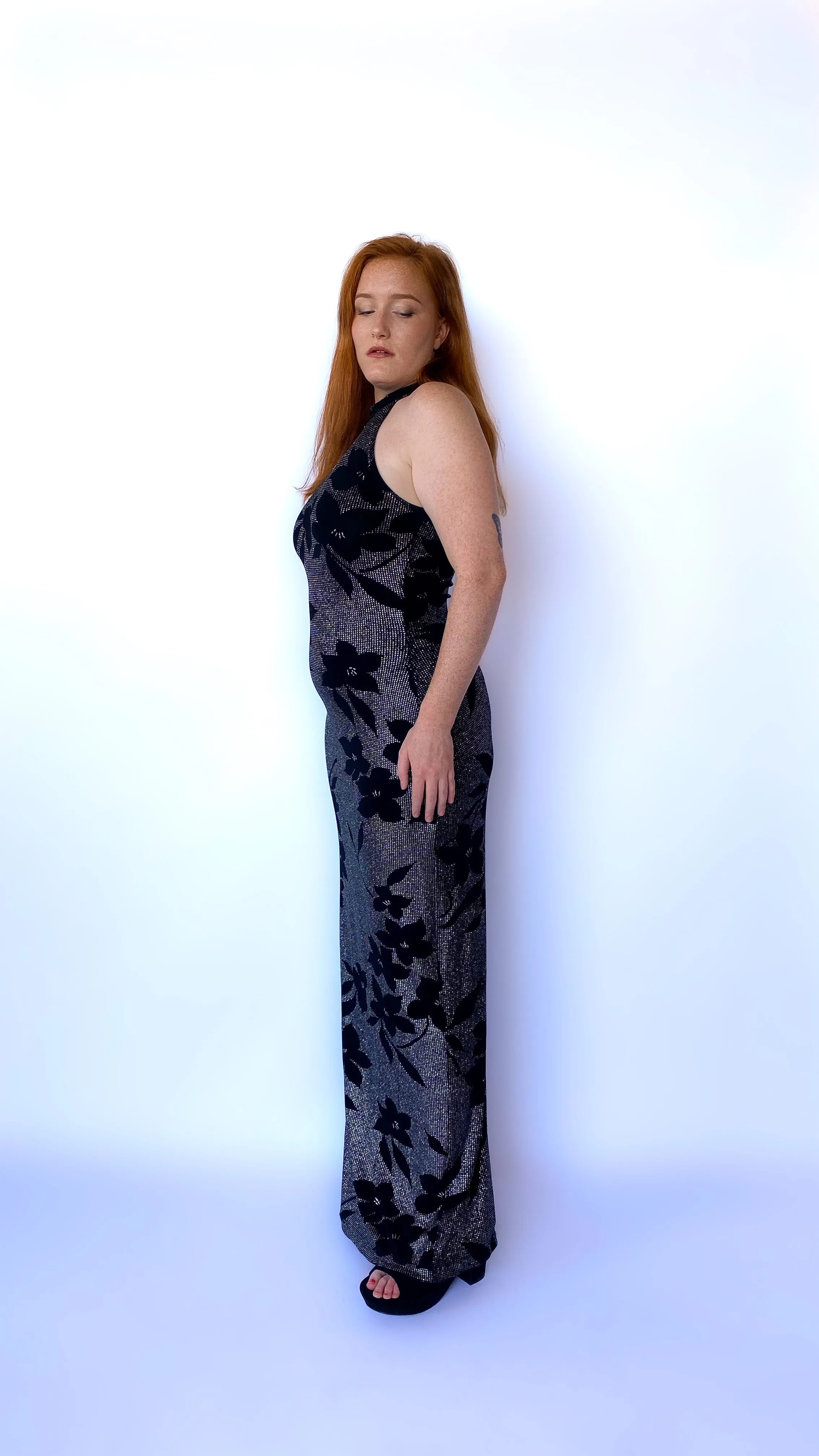 1990s Black and Silver Floral Maxi Dress, sz. M-XL