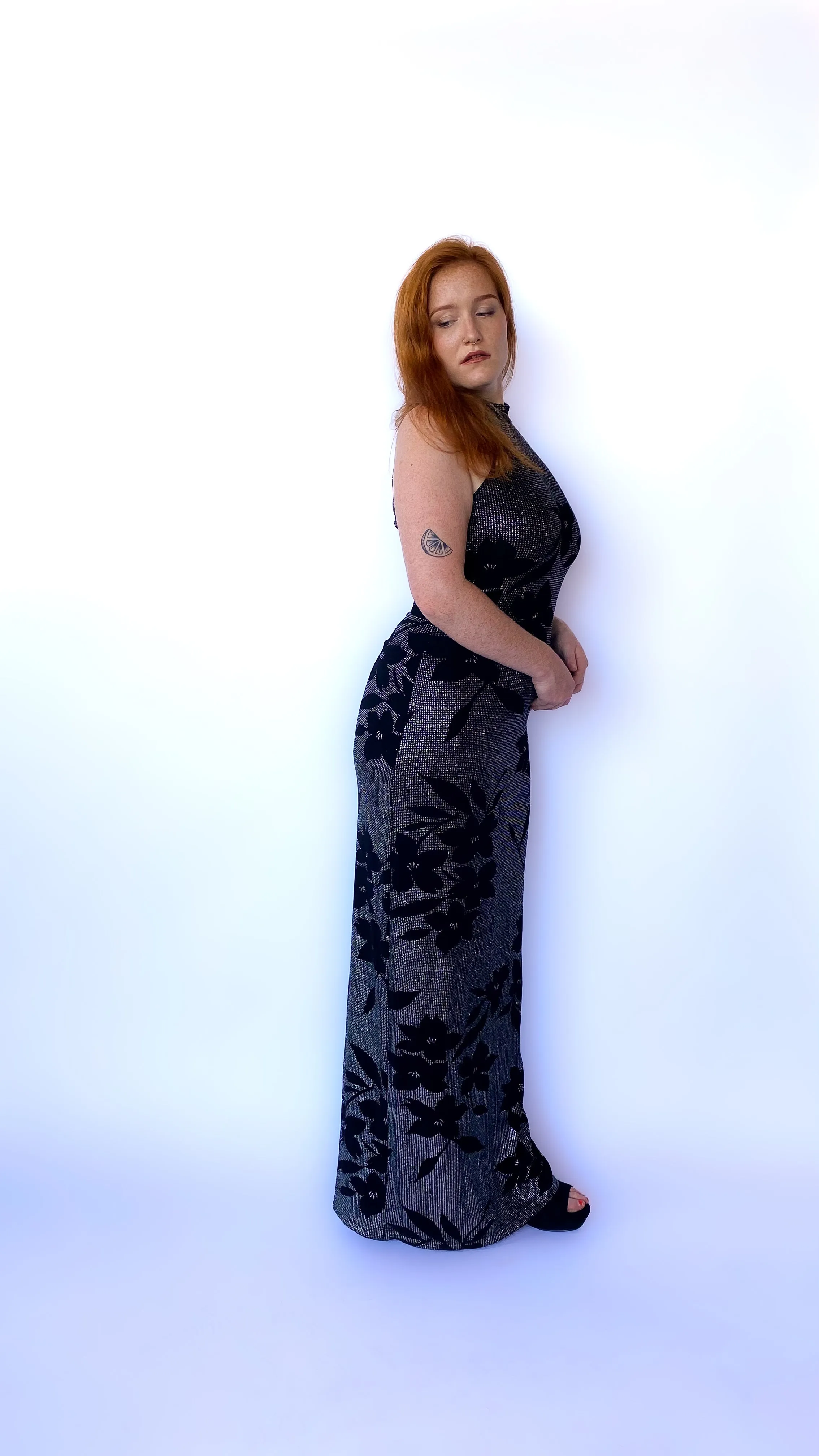 1990s Black and Silver Floral Maxi Dress, sz. M-XL