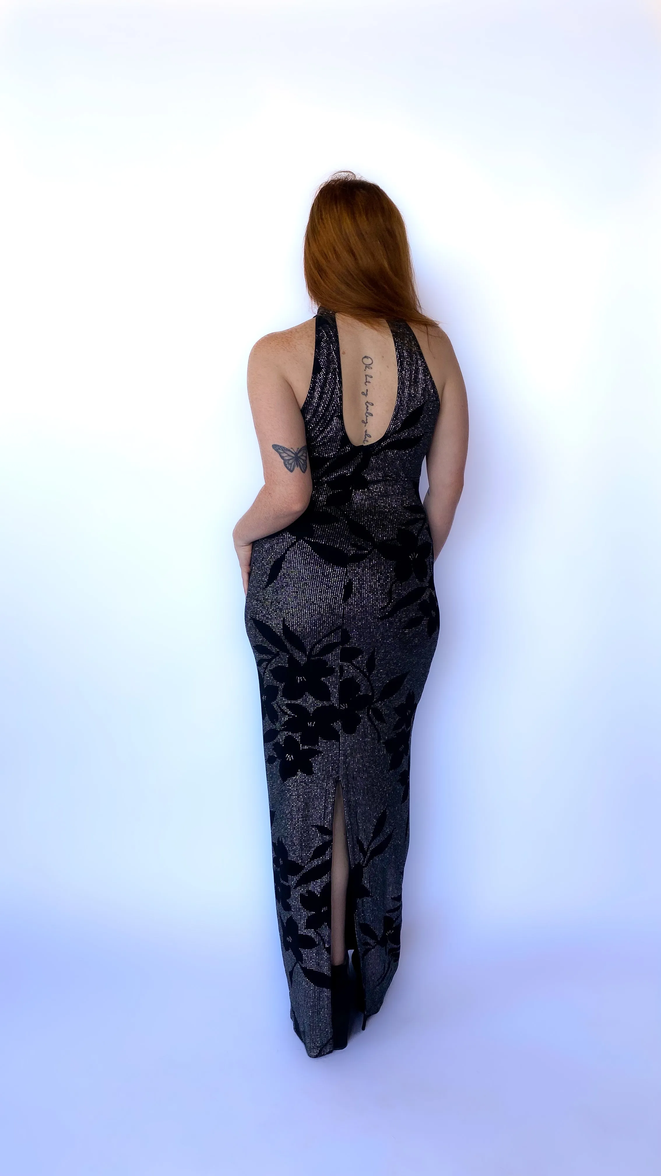1990s Black and Silver Floral Maxi Dress, sz. M-XL