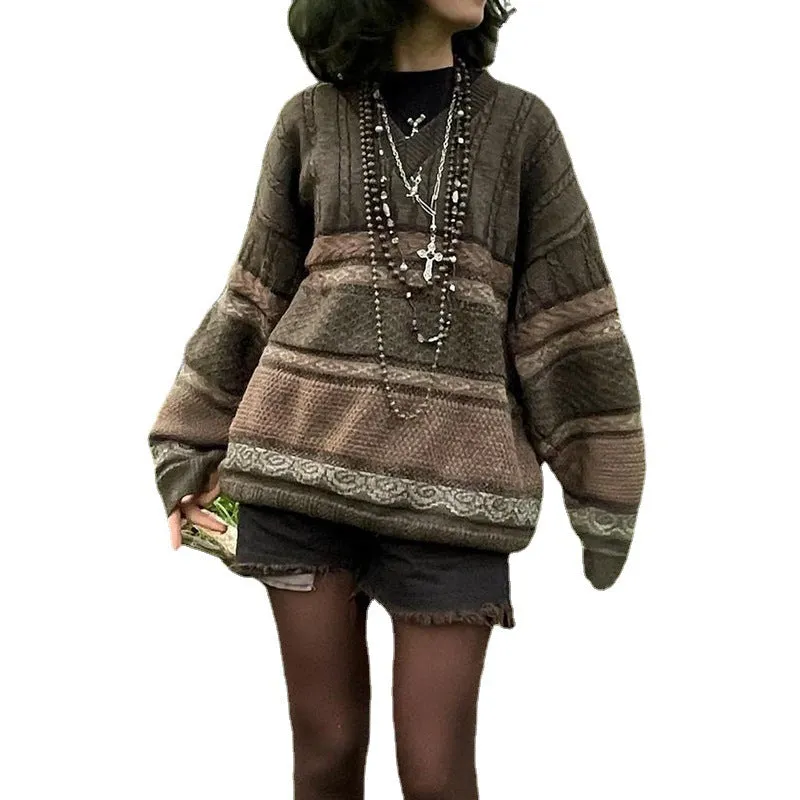 Advbridge frat outfits American Retro Mori Girl V-neck Lace Pattern Contrast Color Soft Glutinous Loose Top Lazy Style Autumn and Winter All-Matching Sweater