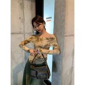 Advbridge outfit ideas Autumn 2024 Autumn Maillard French Hot Girl Sexy off-Shoulder Chiffon Shirt Female F1829