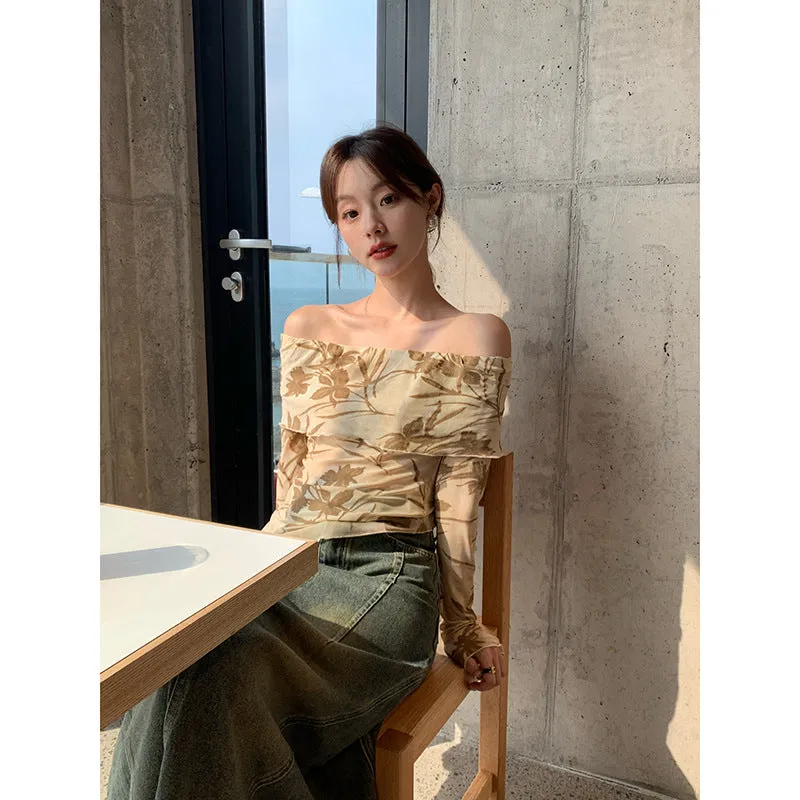 Advbridge outfit ideas Autumn 2024 Autumn Maillard French Hot Girl Sexy off-Shoulder Chiffon Shirt Female F1829