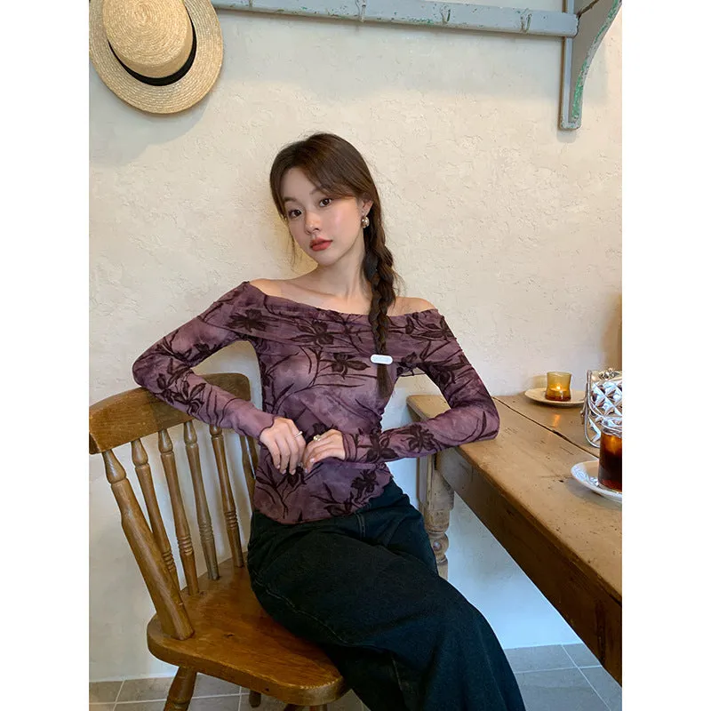 Advbridge outfit ideas Autumn 2024 Autumn Maillard French Hot Girl Sexy off-Shoulder Chiffon Shirt Female F1829