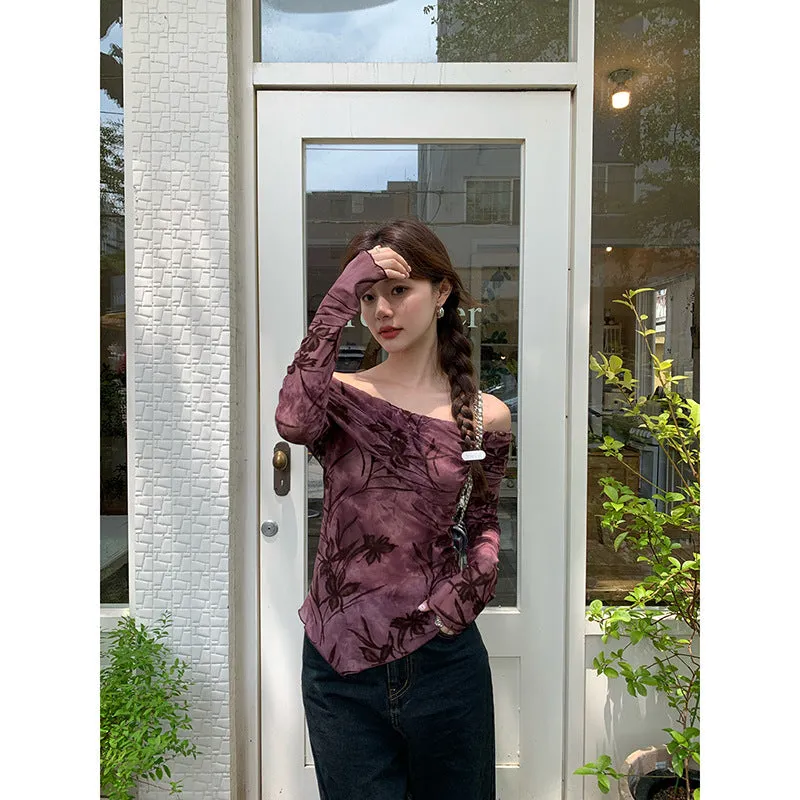 Advbridge outfit ideas Autumn 2024 Autumn Maillard French Hot Girl Sexy off-Shoulder Chiffon Shirt Female F1829