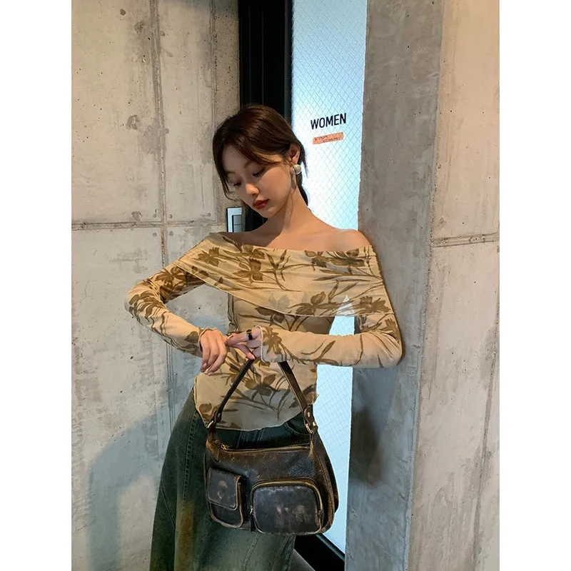 Advbridge outfit ideas Autumn 2024 Autumn Maillard French Hot Girl Sexy off-Shoulder Chiffon Shirt Female F1829