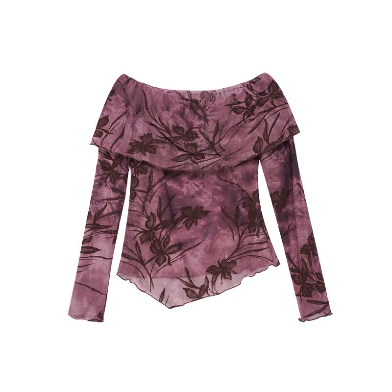 Advbridge outfit ideas Autumn 2024 Autumn Maillard French Hot Girl Sexy off-Shoulder Chiffon Shirt Female F1829