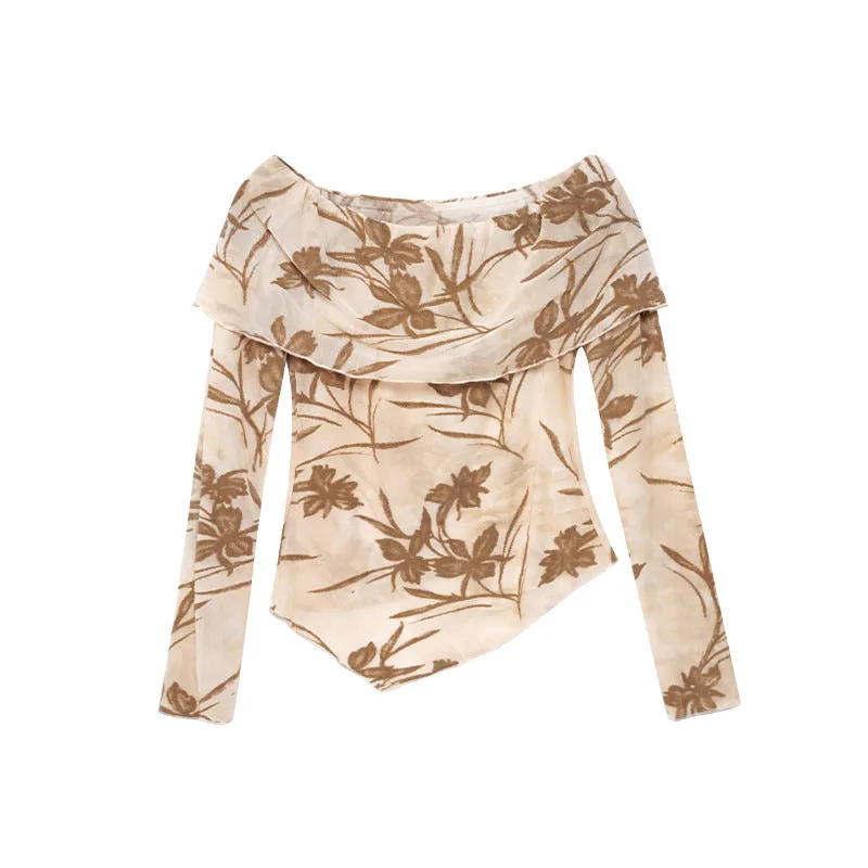 Advbridge outfit ideas Autumn 2024 Autumn Maillard French Hot Girl Sexy off-Shoulder Chiffon Shirt Female F1829