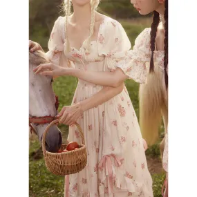 Advbridge pop culture dress to impress Lacemade Rose  Pink Floral Fishbone Dress Women's Summer French V-neck Printed Dress
