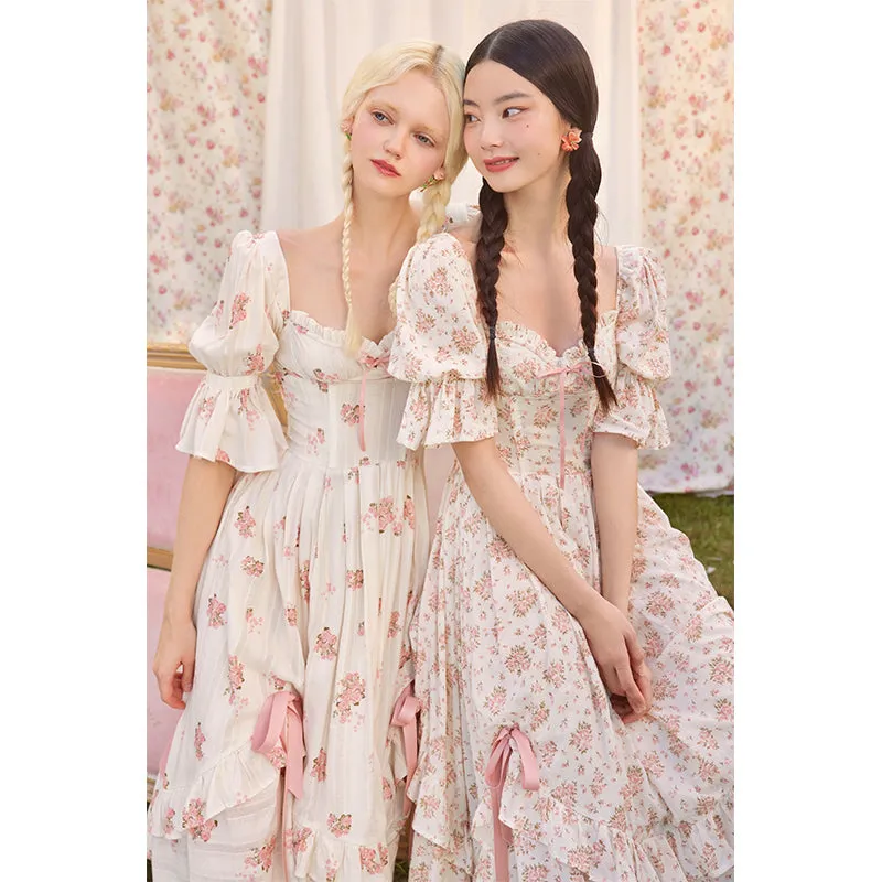 Advbridge pop culture dress to impress Lacemade Rose  Pink Floral Fishbone Dress Women's Summer French V-neck Printed Dress