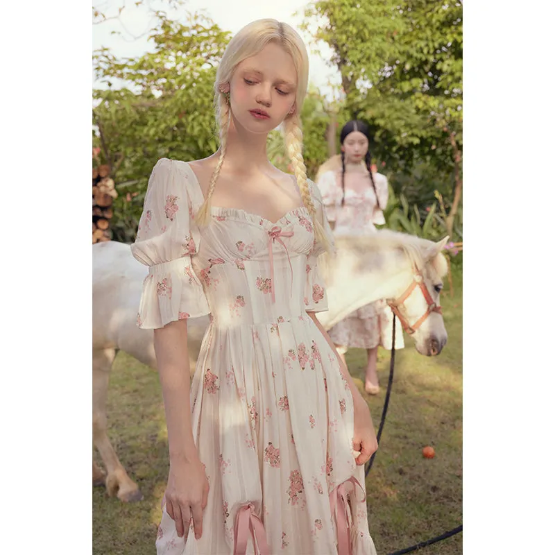 Advbridge pop culture dress to impress Lacemade Rose  Pink Floral Fishbone Dress Women's Summer French V-neck Printed Dress