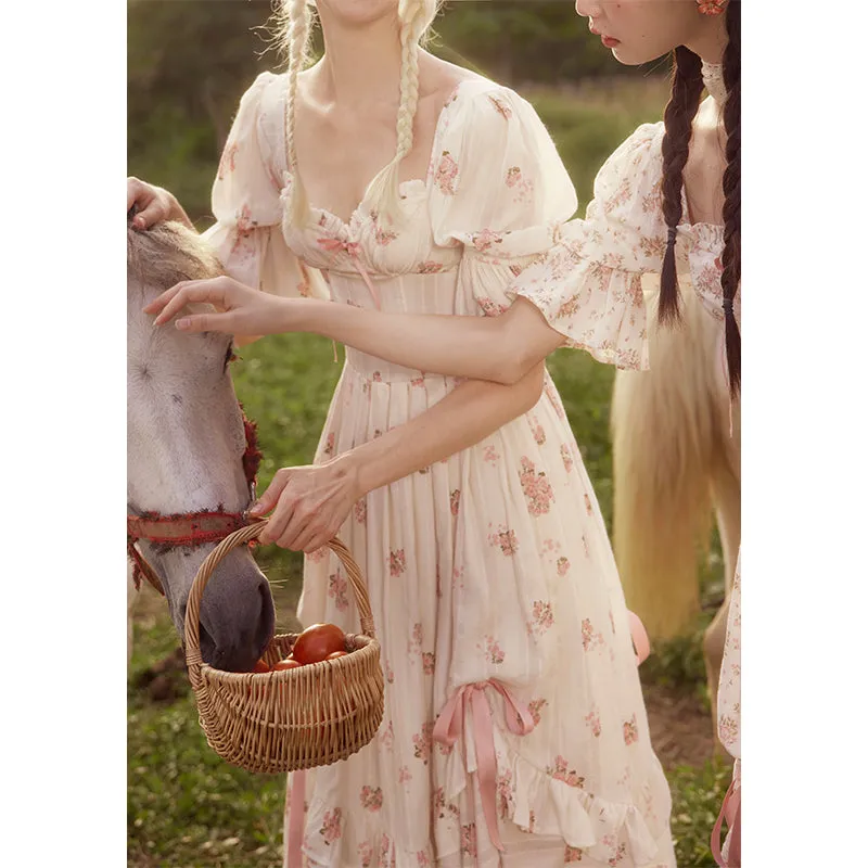 Advbridge pop culture dress to impress Lacemade Rose  Pink Floral Fishbone Dress Women's Summer French V-neck Printed Dress