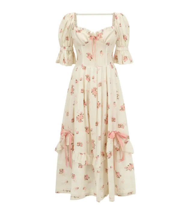 Advbridge pop culture dress to impress Lacemade Rose  Pink Floral Fishbone Dress Women's Summer French V-neck Printed Dress
