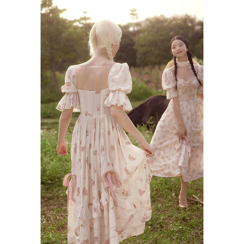 Advbridge pop culture dress to impress Lacemade Rose  Pink Floral Fishbone Dress Women's Summer French V-neck Printed Dress