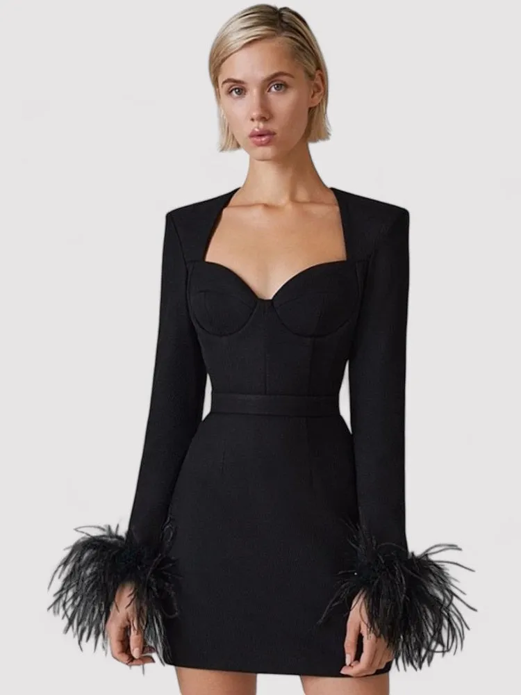 Ancien | Women's Long Sleeve Feather Bodycon Mini Dress