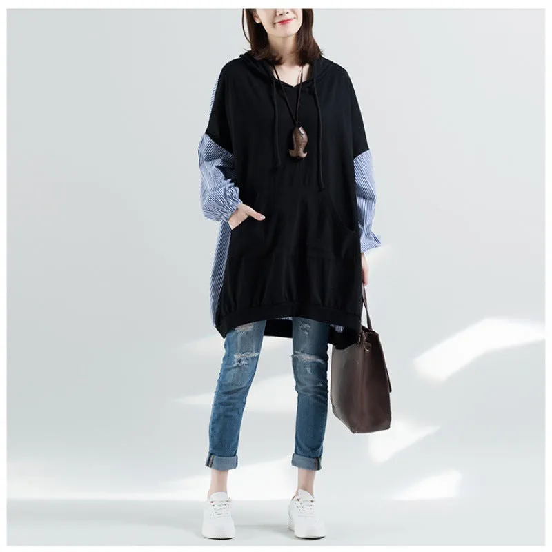 Artistic Striped Stitching Loose Hooded Sweater