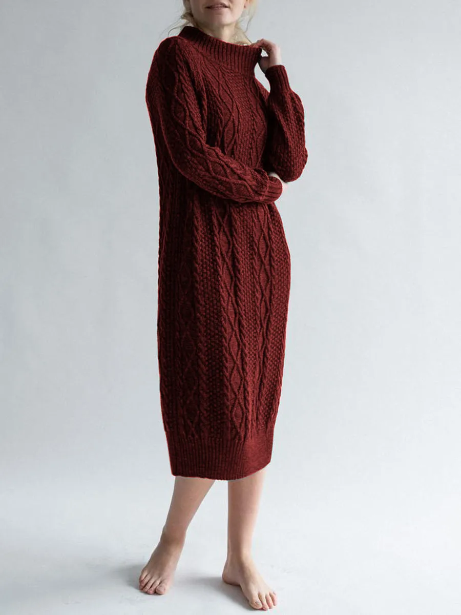 Autumn And Winter Warm Twist Round Neck Women'S Knitted Long Dress