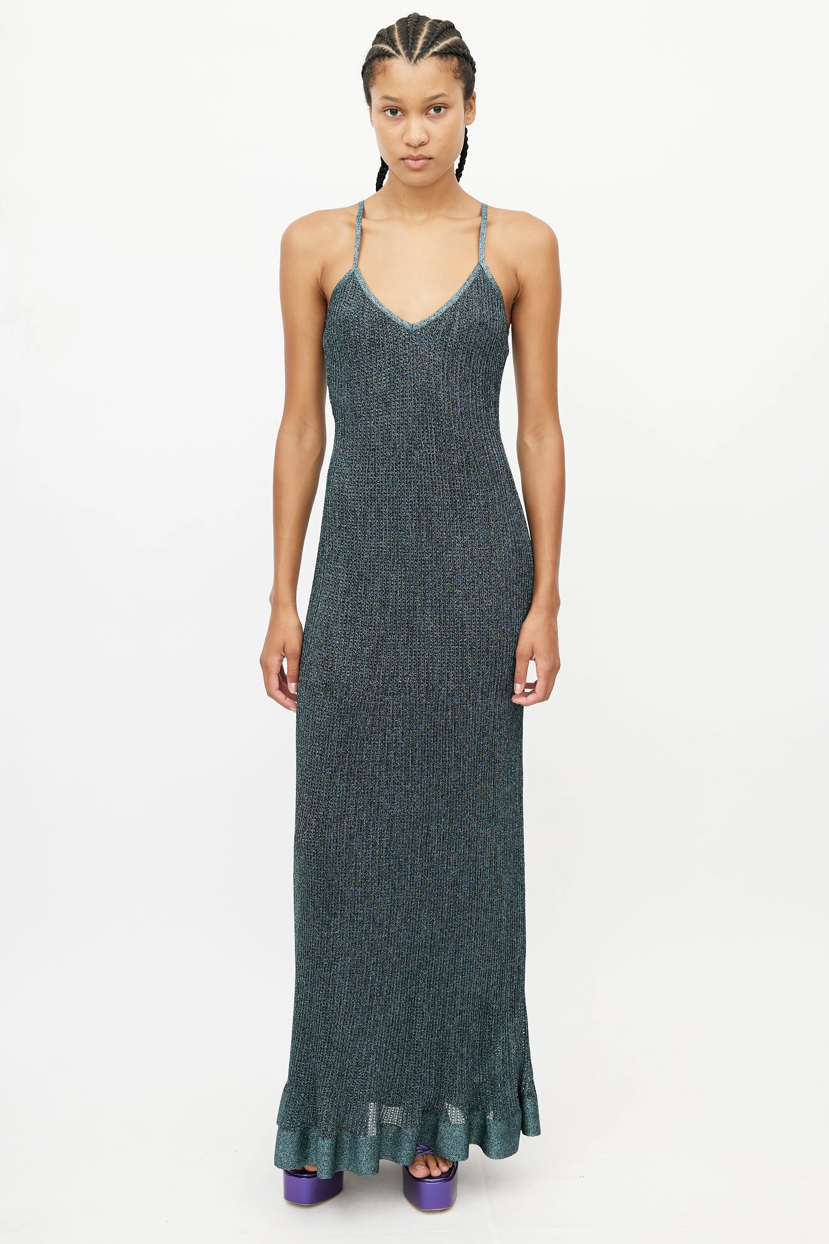 Blue Metallic Knit Maxi Dress