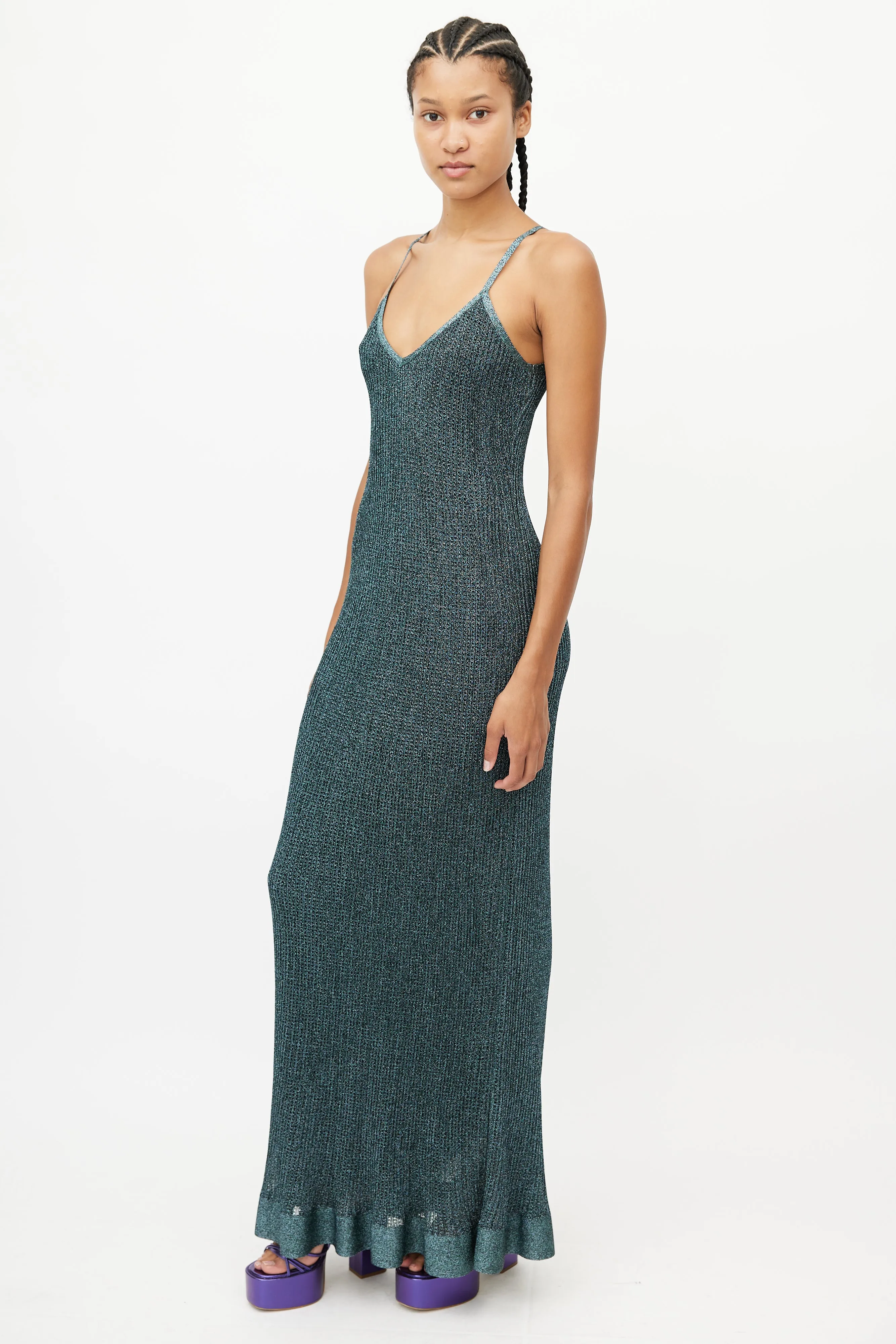 Blue Metallic Knit Maxi Dress