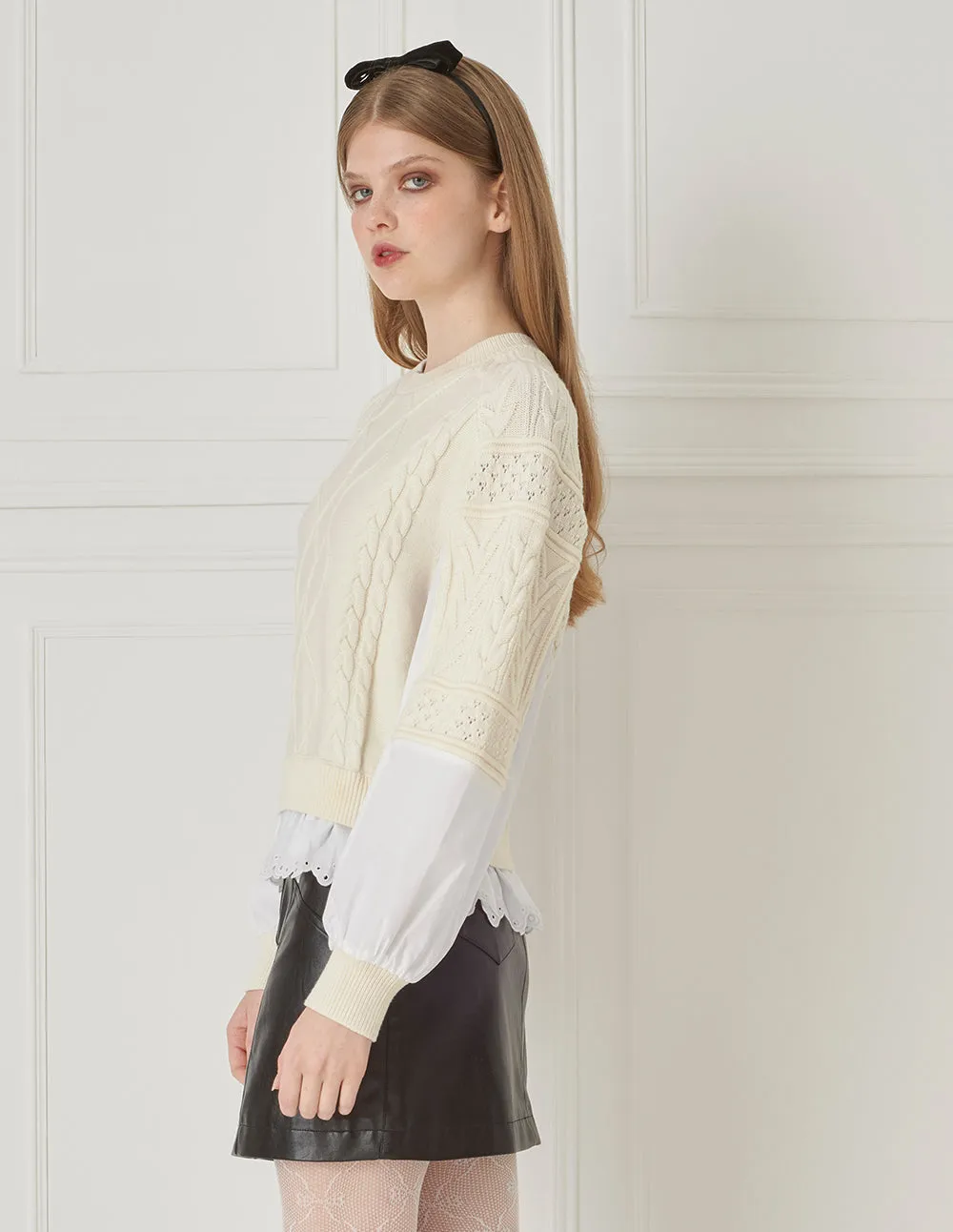 BORA AKSU Wool Embroidered Trim Fake Two-Piece Pullover
