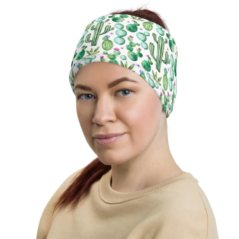 Cactus plants and purple flowers print pattern neck gaiter scarf design, reusable washable fabric tube face mask Gift for women - US Fast Shipping