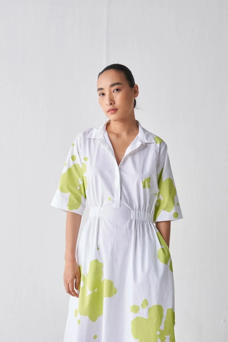 Collared Side Elastic Waist Dress - Lime Print