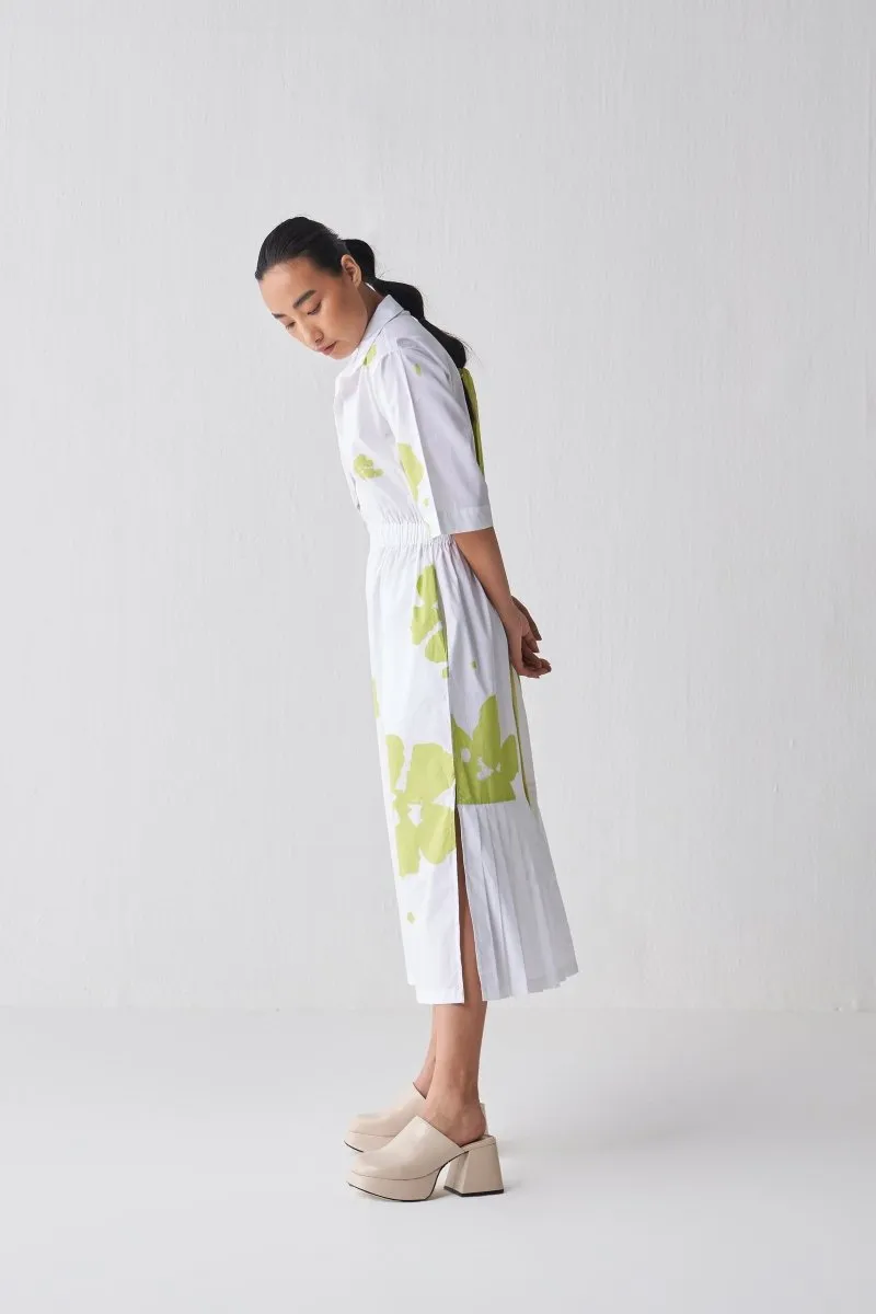 Collared Side Elastic Waist Dress - Lime Print
