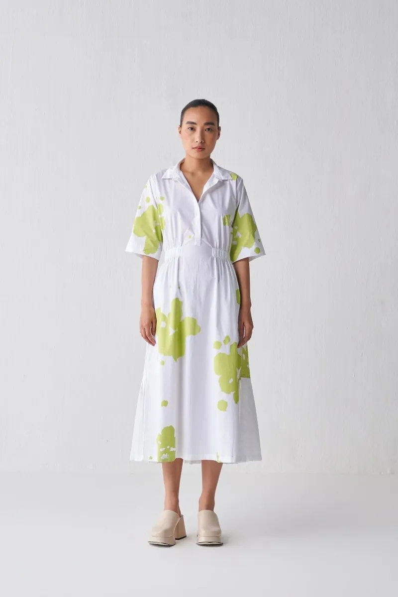 Collared Side Elastic Waist Dress - Lime Print