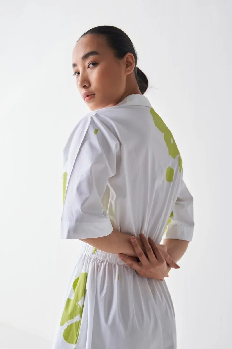 Collared Side Elastic Waist Dress - Lime Print