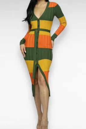 Color Block Buttoned Belted Slit Open Dress
