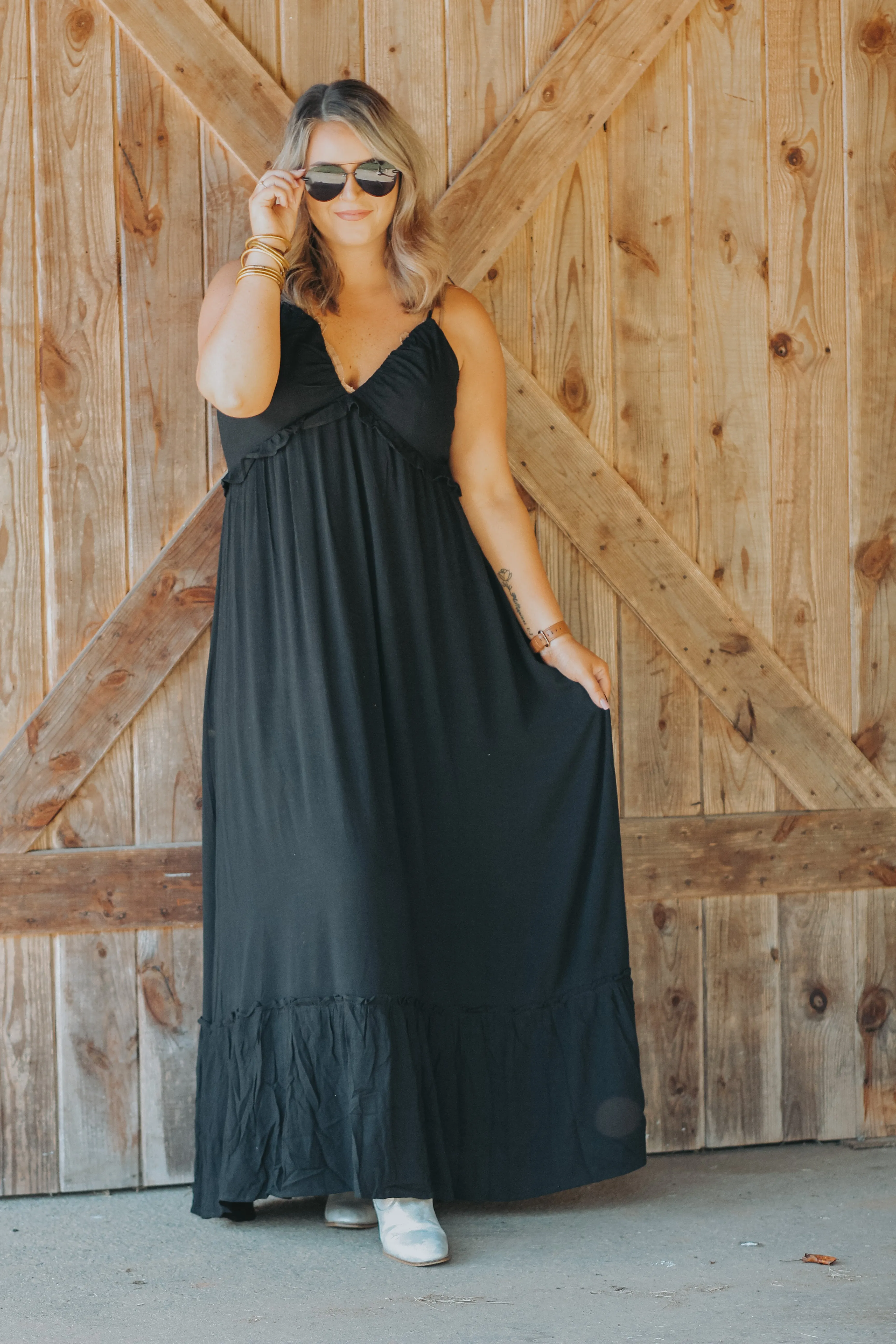 Curvy Black V Neck Smocked Back Maxi Dress