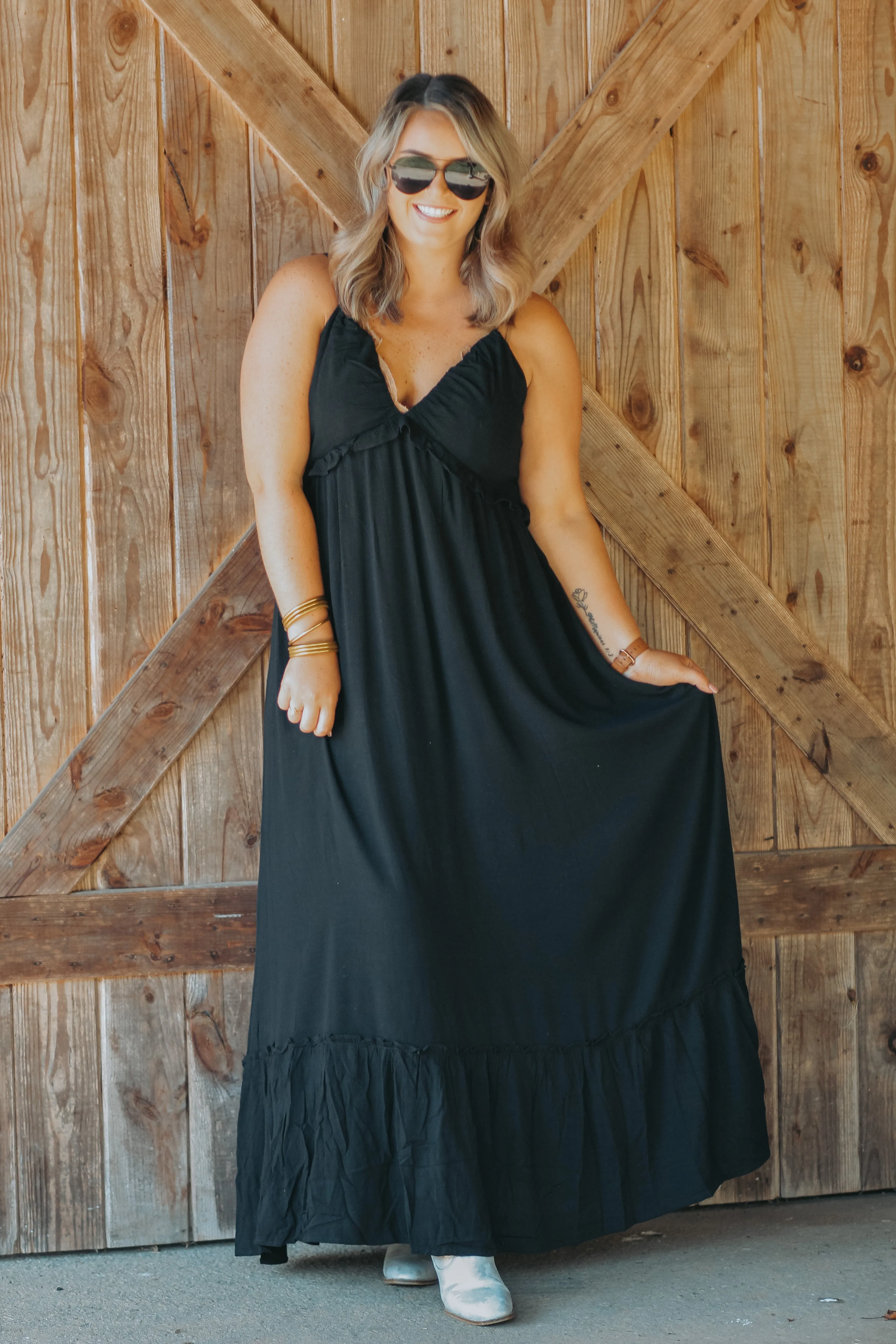Curvy Black V Neck Smocked Back Maxi Dress