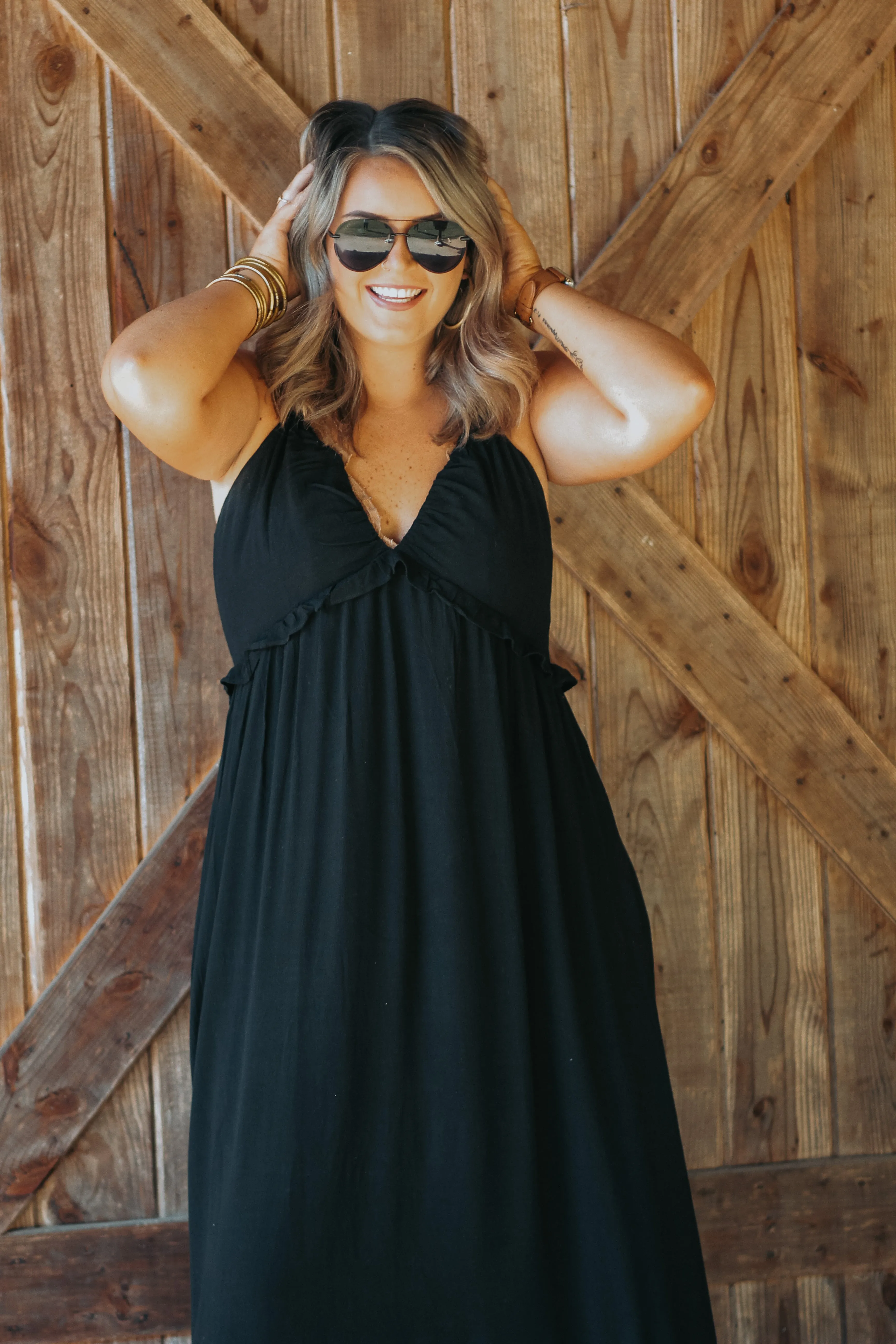 Curvy Black V Neck Smocked Back Maxi Dress