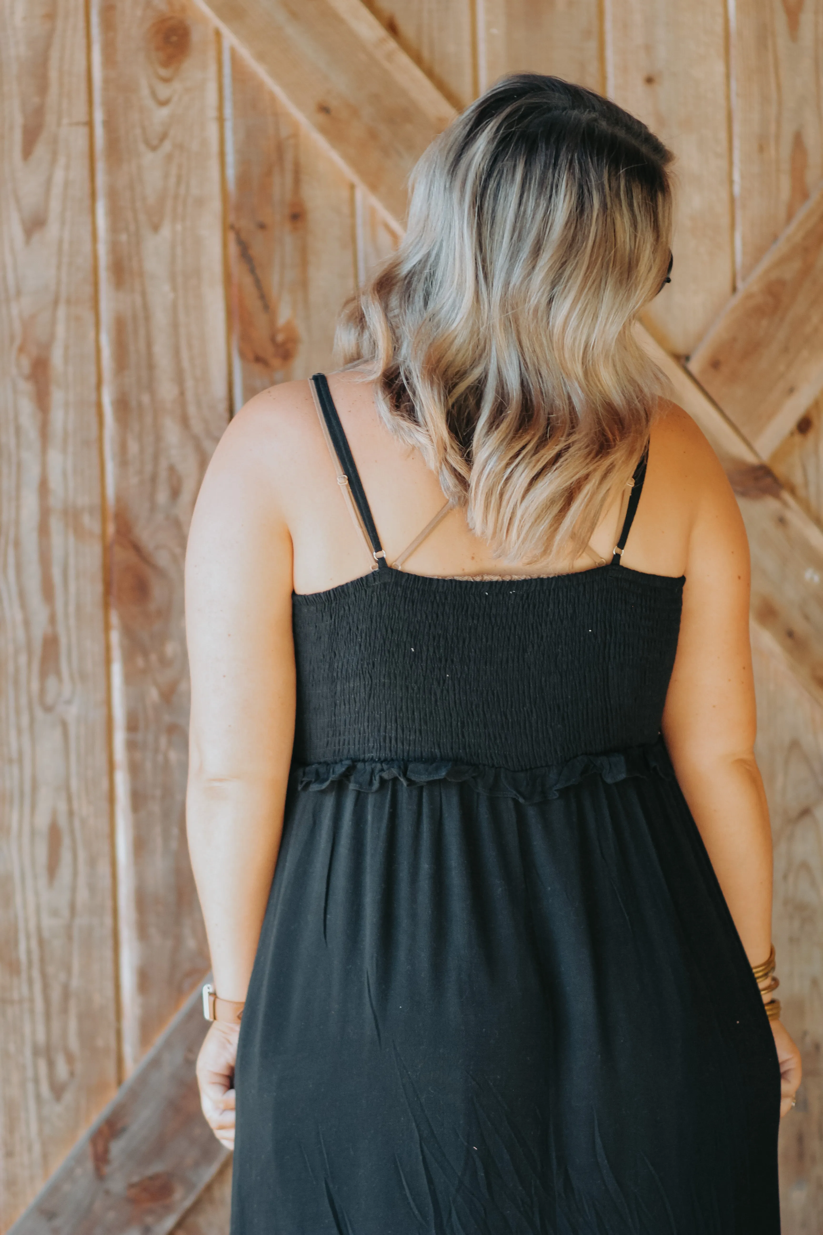 Curvy Black V Neck Smocked Back Maxi Dress