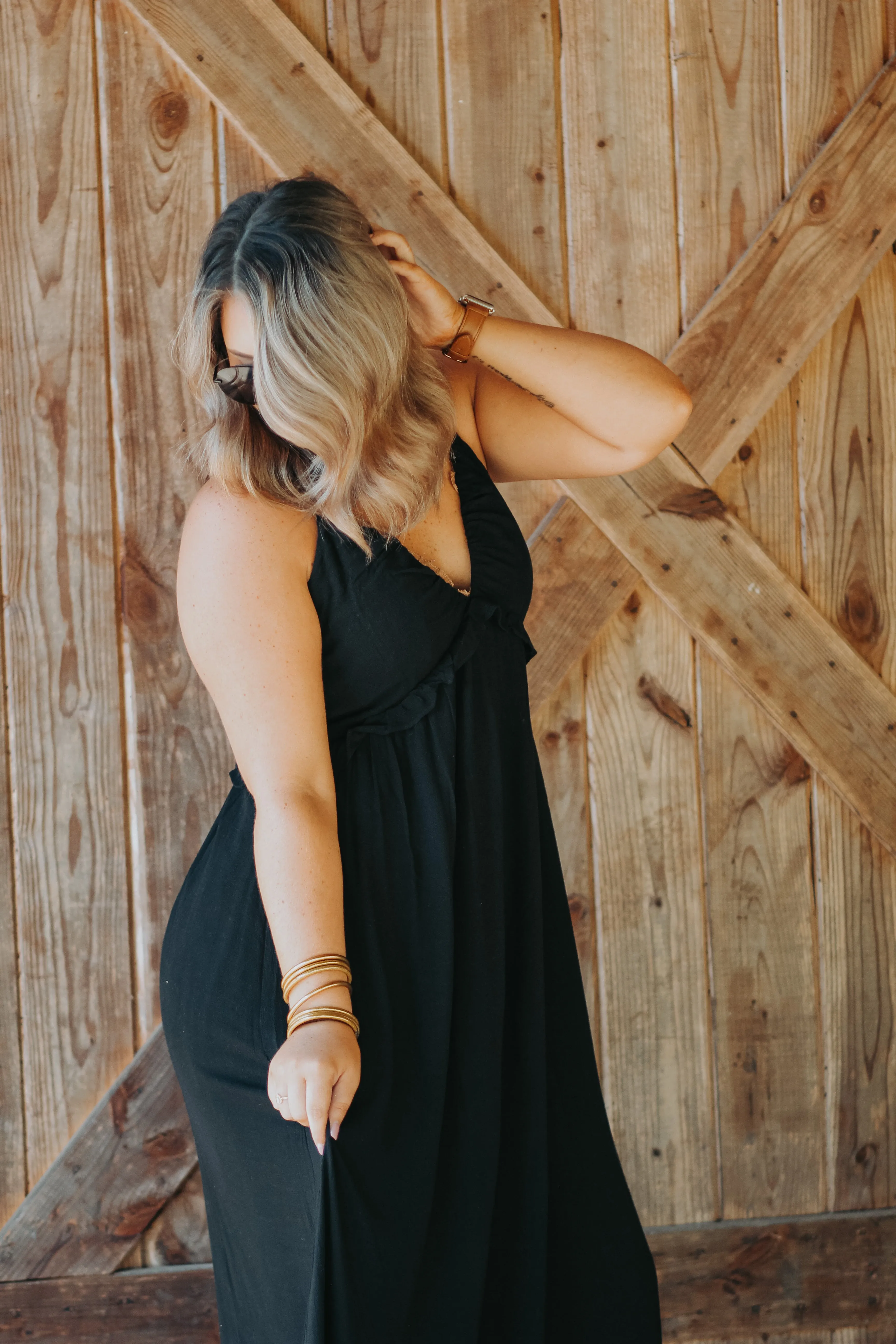 Curvy Black V Neck Smocked Back Maxi Dress