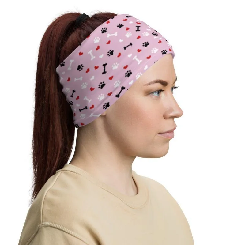 Cute Fashion Neck Gaiter mask, Pink Love paw Dog heart Print, Reusable Face cover Washable Breathable beanie wristband hood shield covering - US Fast Shipping