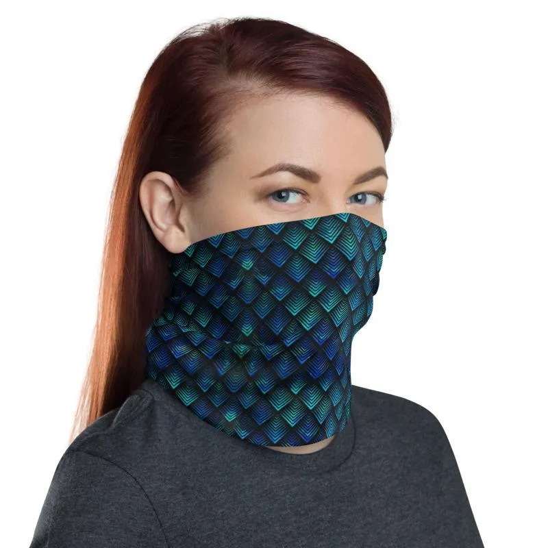Dragon Geometric diamond Scales blue Unisex Men women Neck Gaiter face cover scarf, Headband warmer & Rave Mask Bandana  - US Fast Shipping