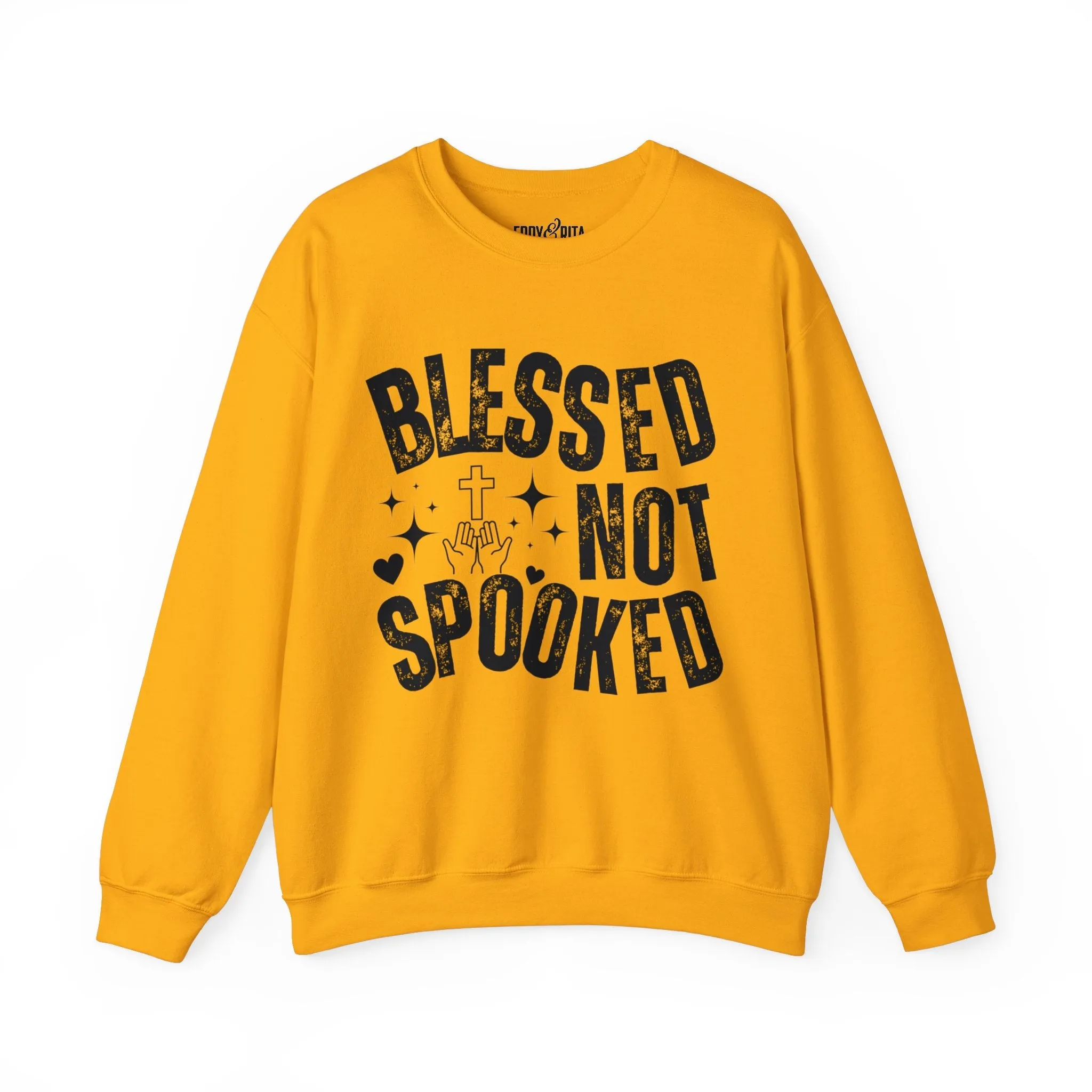Eddy and Rita Women's Heavy Crewneck Sweatshirt - "Blessed Not Spooked" Christian Halloween Graphic Pullover