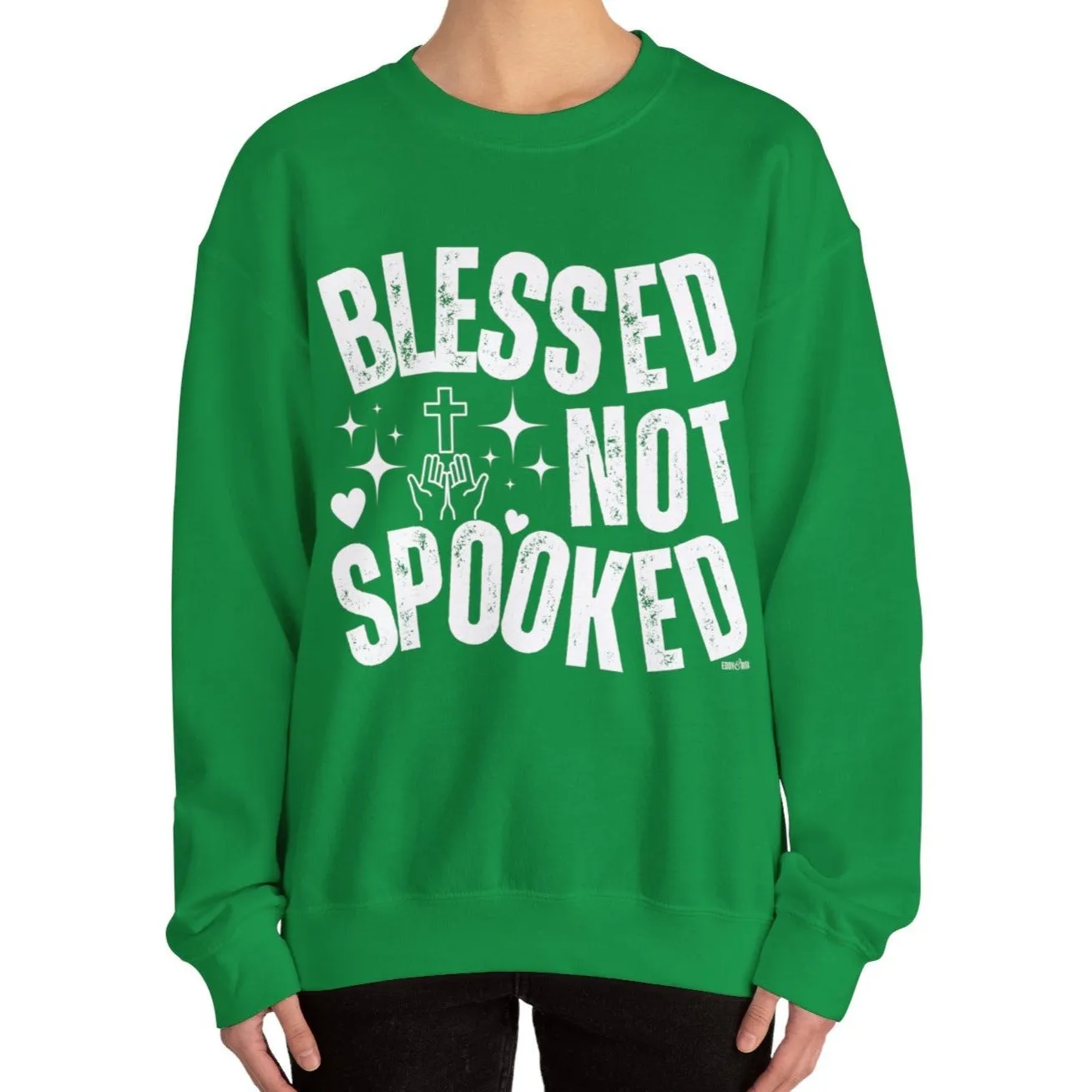 Eddy and Rita Women's Heavy Crewneck Sweatshirt - "Blessed Not Spooked" Christian Halloween Graphic Pullover