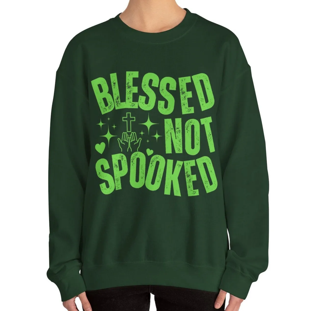 Eddy and Rita Women's Heavy Crewneck Sweatshirt - "Blessed Not Spooked" Christian Halloween Graphic Pullover