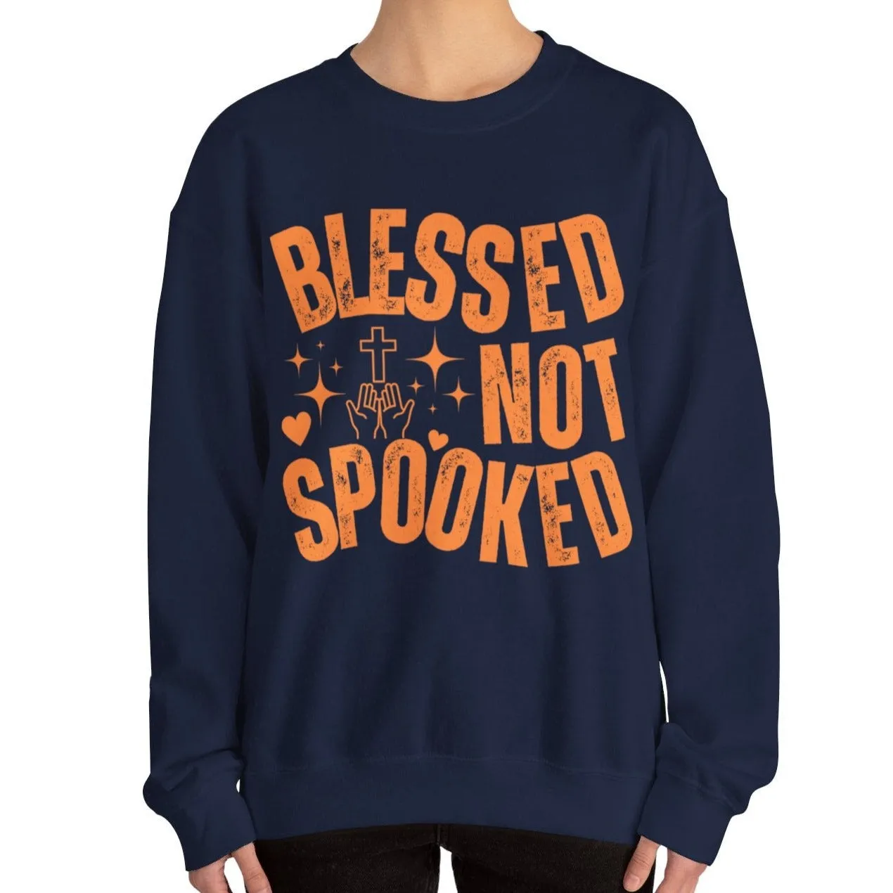 Eddy and Rita Women's Heavy Crewneck Sweatshirt - "Blessed Not Spooked" Christian Halloween Graphic Pullover