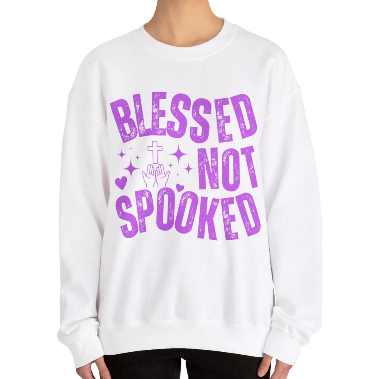 Eddy and Rita Women's Heavy Crewneck Sweatshirt - "Blessed Not Spooked" Christian Halloween Graphic Pullover