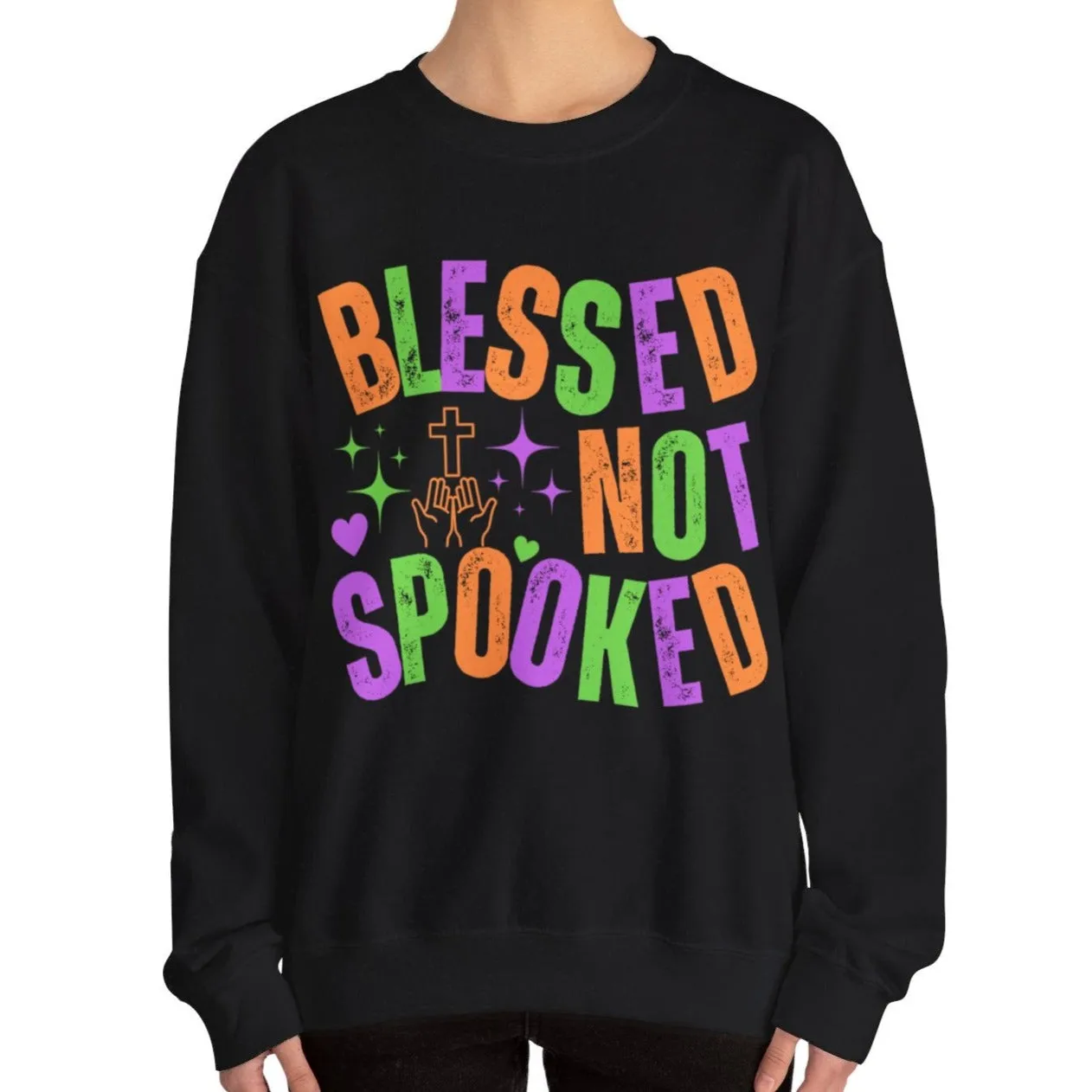 Eddy and Rita Women's Heavy Crewneck Sweatshirt - "Blessed Not Spooked" Christian Halloween Graphic Pullover