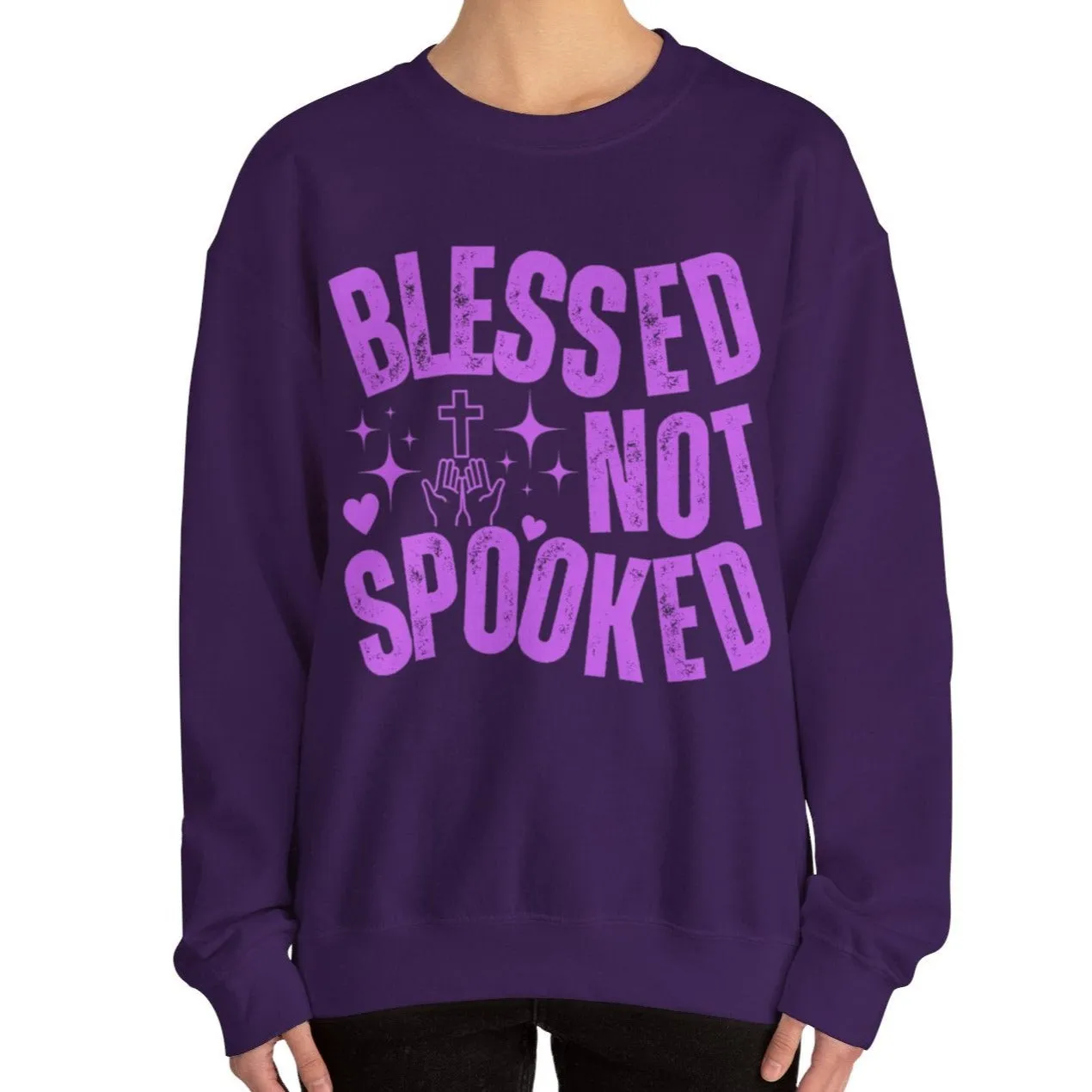 Eddy and Rita Women's Heavy Crewneck Sweatshirt - "Blessed Not Spooked" Christian Halloween Graphic Pullover