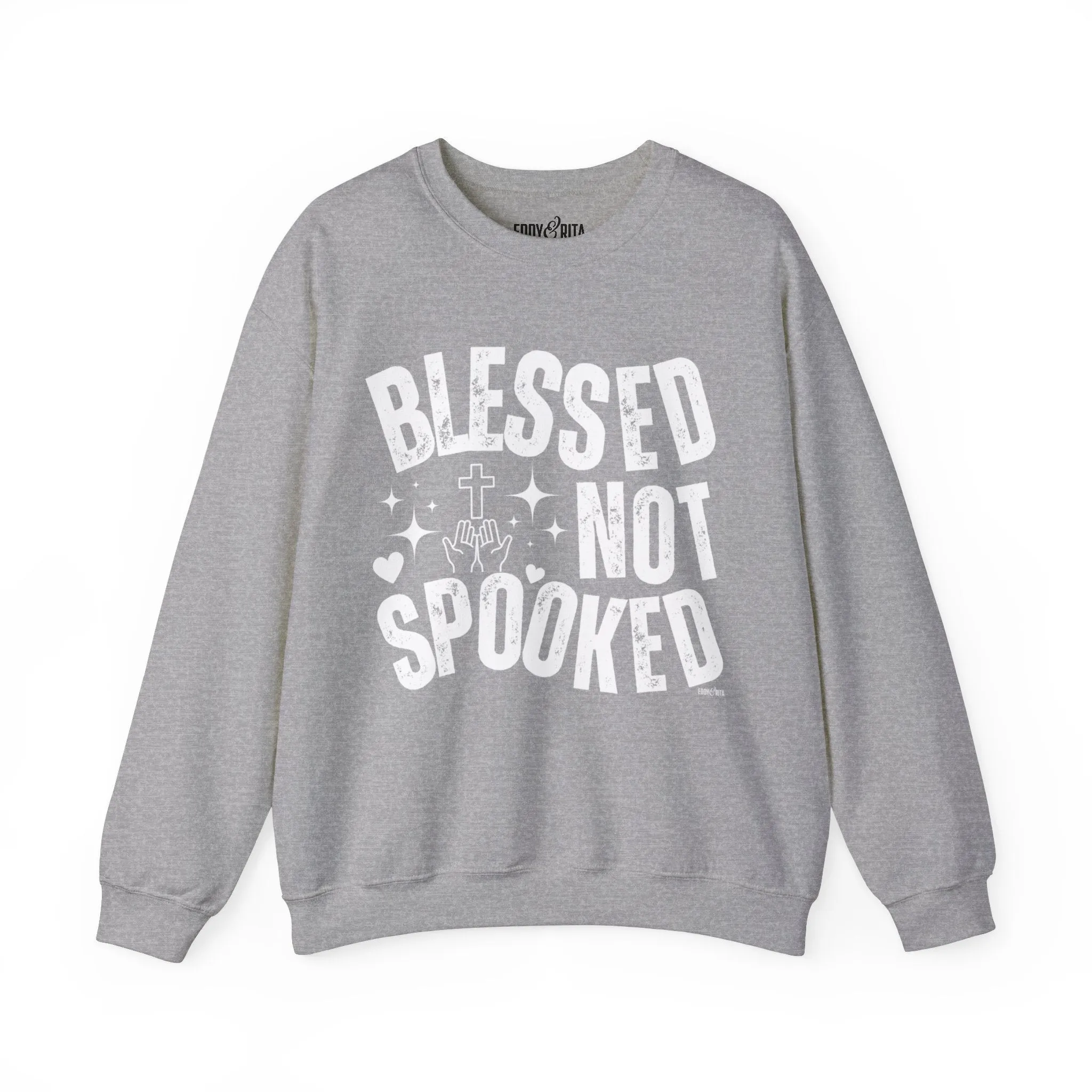 Eddy and Rita Women's Heavy Crewneck Sweatshirt - "Blessed Not Spooked" Christian Halloween Graphic Pullover