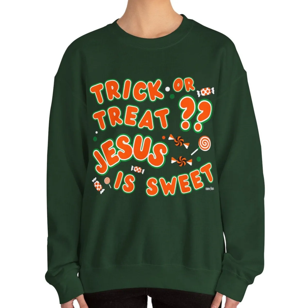 Eddy and Rita Women's Heavy Crewneck Sweatshirt - "Trick or Treat?? Jesus is Sweet" Halloween Graphic Pullover