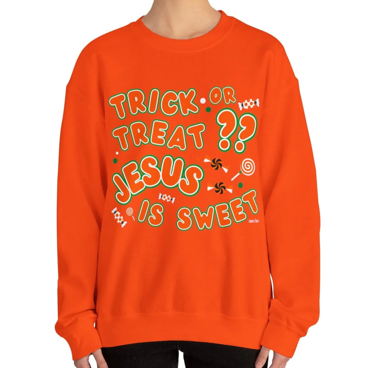 Eddy and Rita Women's Heavy Crewneck Sweatshirt - "Trick or Treat?? Jesus is Sweet" Halloween Graphic Pullover