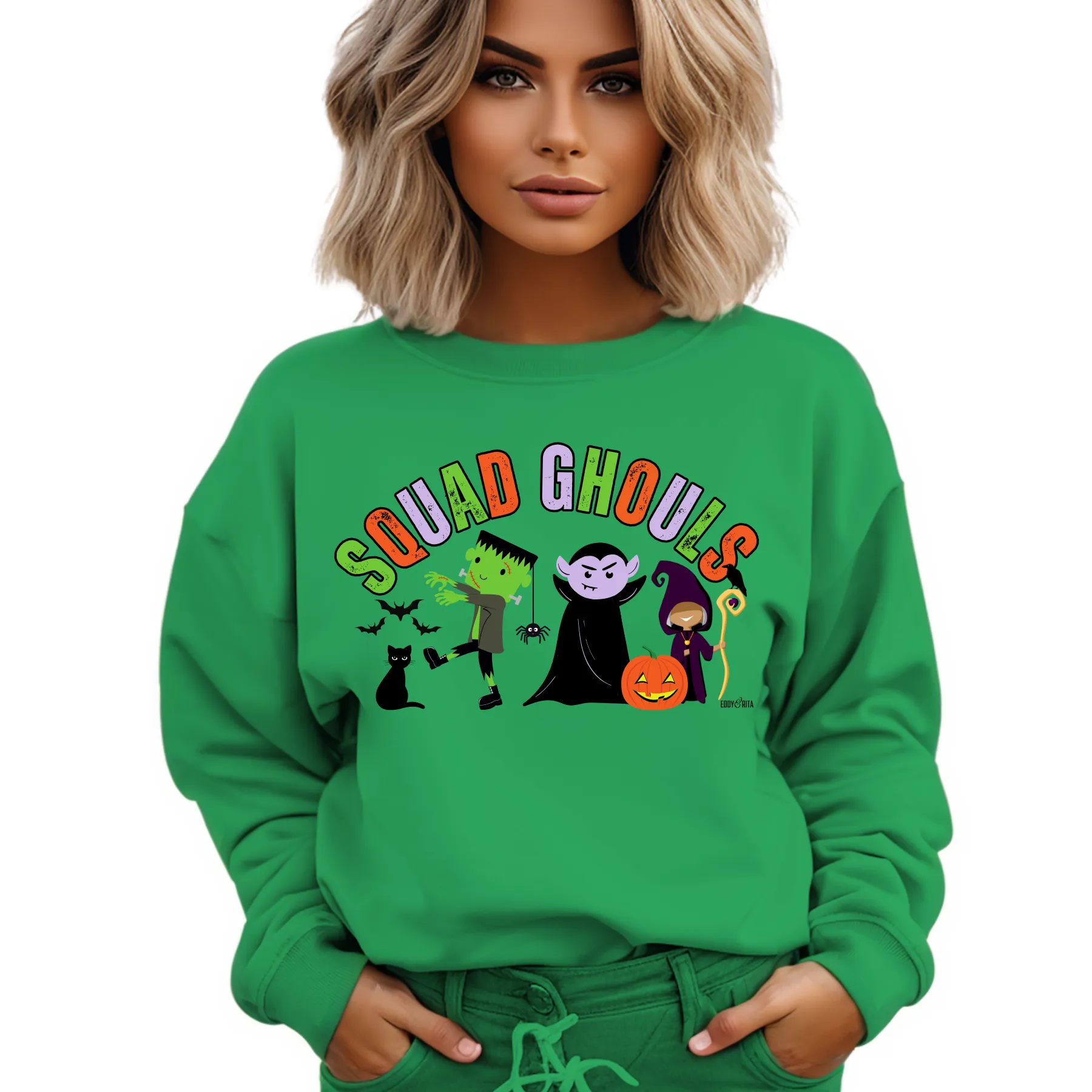 Eddy and Rita Women's Heavy Sweatshirt - "Squad Ghouls" with Halloween Monsters for Halloween