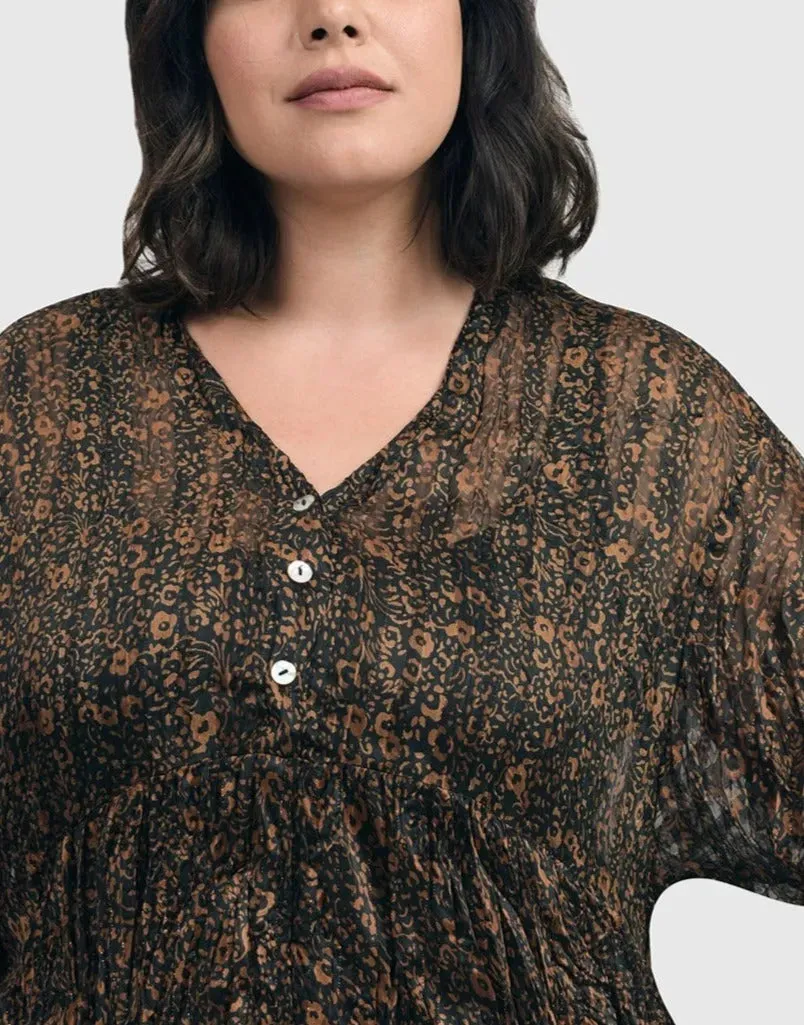 Floral Tiered Crinkle Blouse, Coffee/black